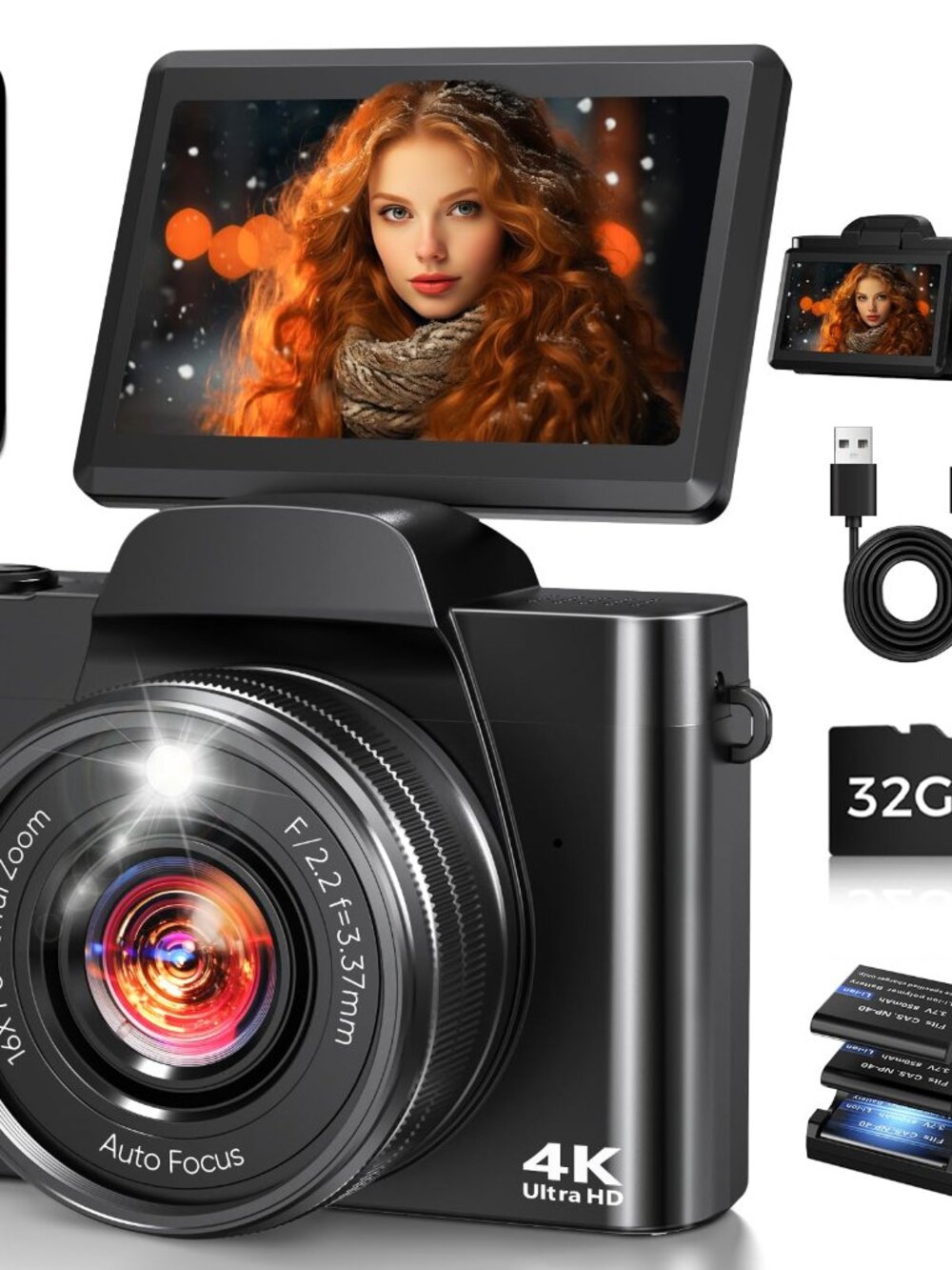 4K Digital Camera 64MP WiFi Vlogging Camera Autofocus 180° Flip Screen Black